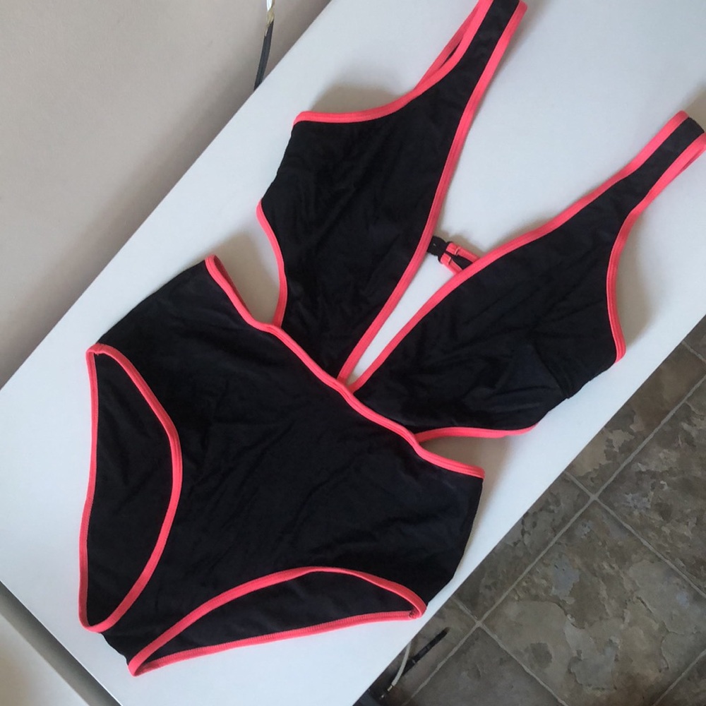 Oh My Love Plunge Cut Out Swimsuit - Black coral